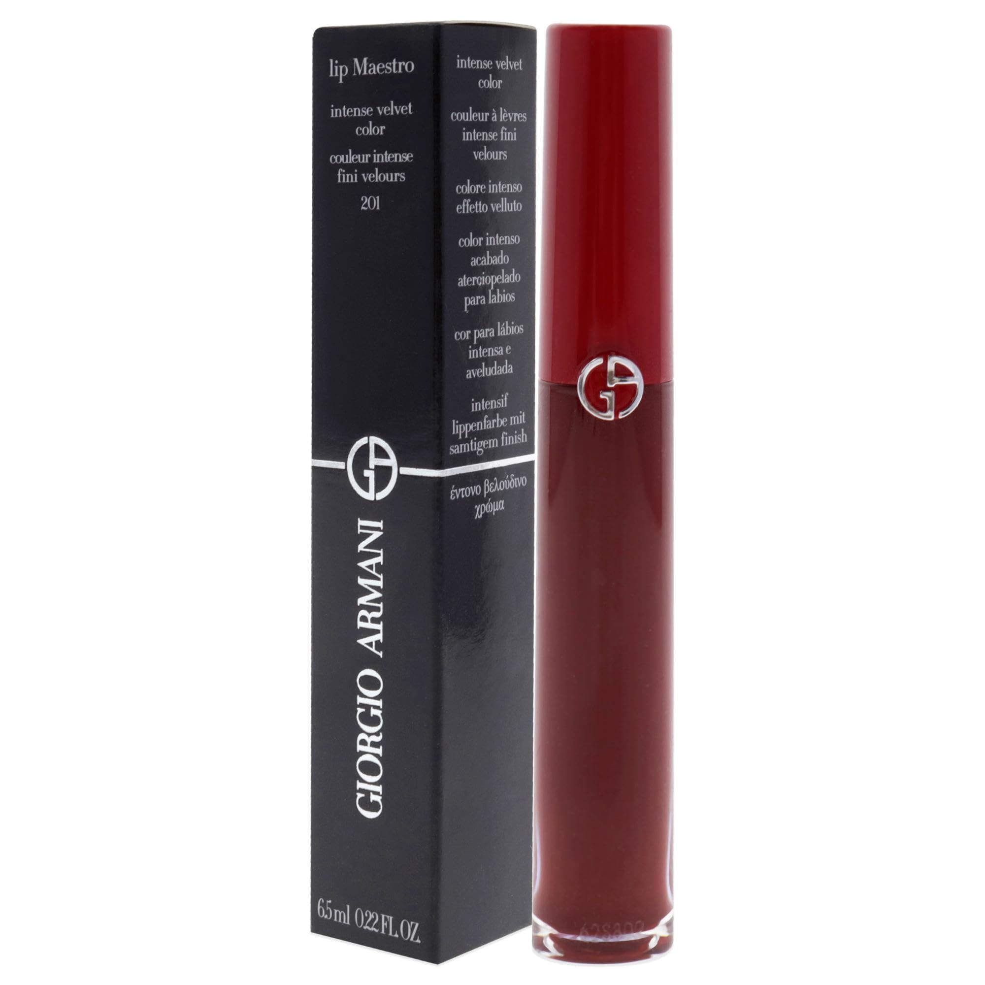 Rossetto Giorgio Armani Lip Maestro e confezione. Confezione nera con nome del prodotto e logo del marchio.