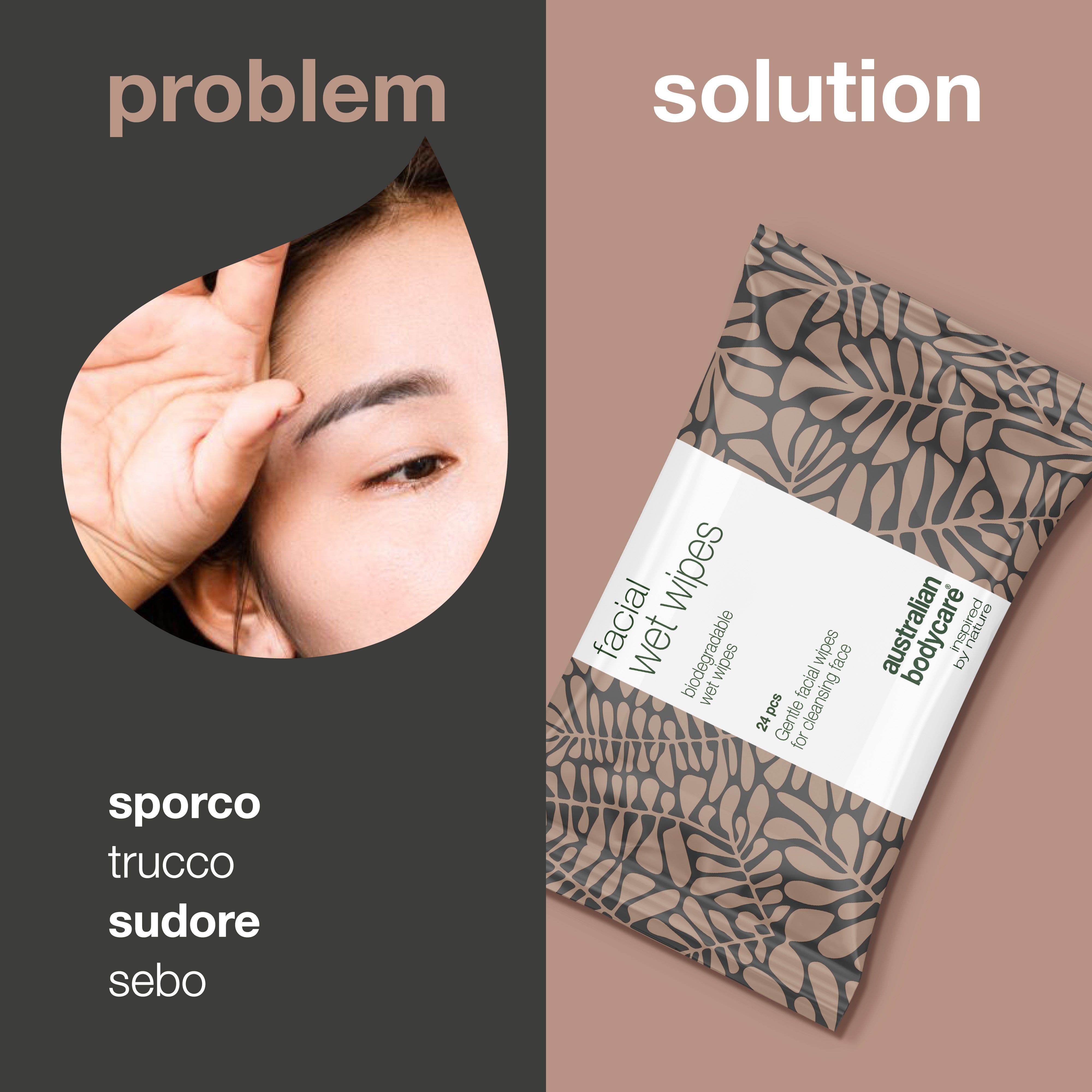 Viso con problema, accanto confezione salviettine. Testo: Facial Wet Wipes, Australian Bodycare. Problema: sporco, trucco, sudore, sebo.