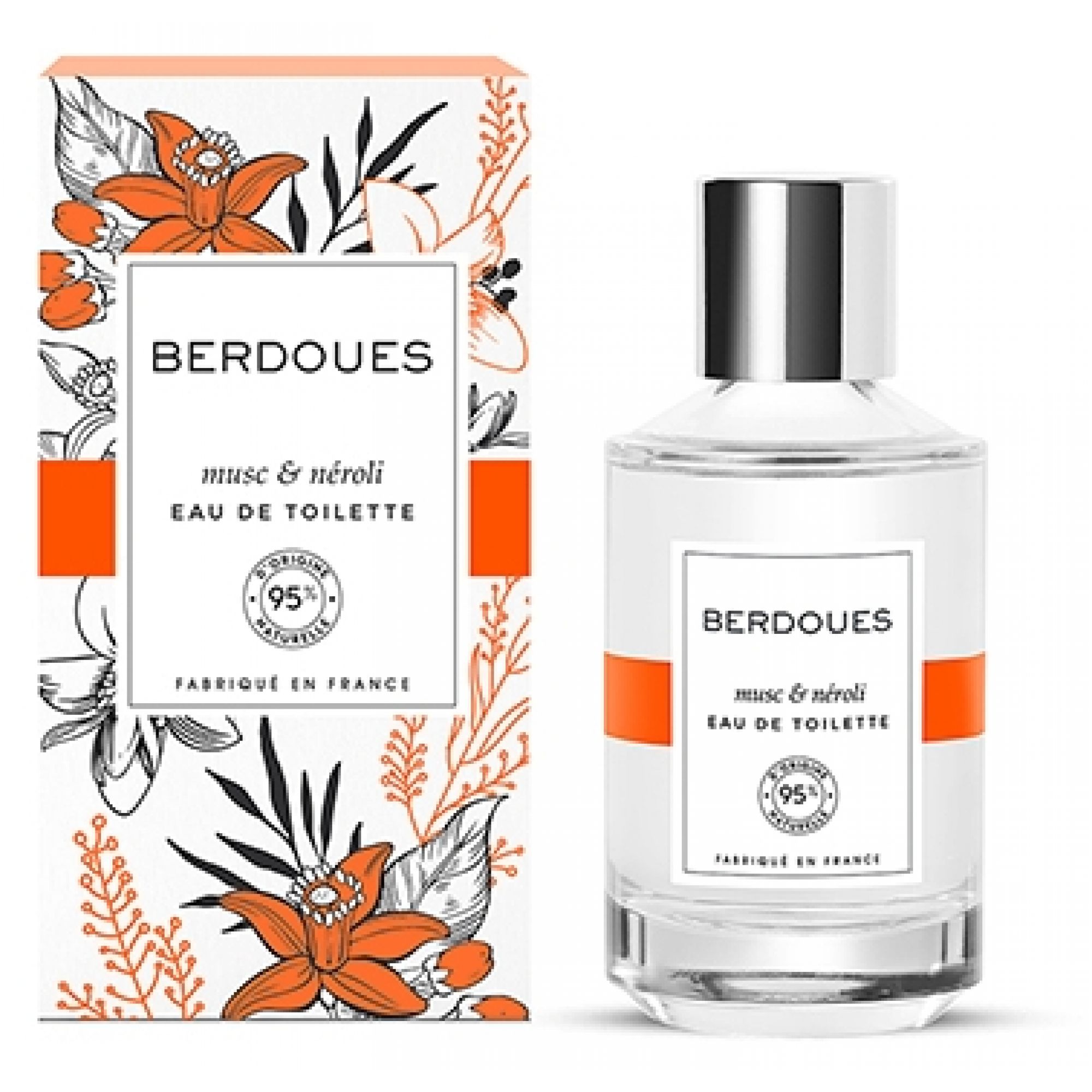 Flacone e confezione Berdoues Musc & Néroli Eau de Toilette con design floreale arancione.