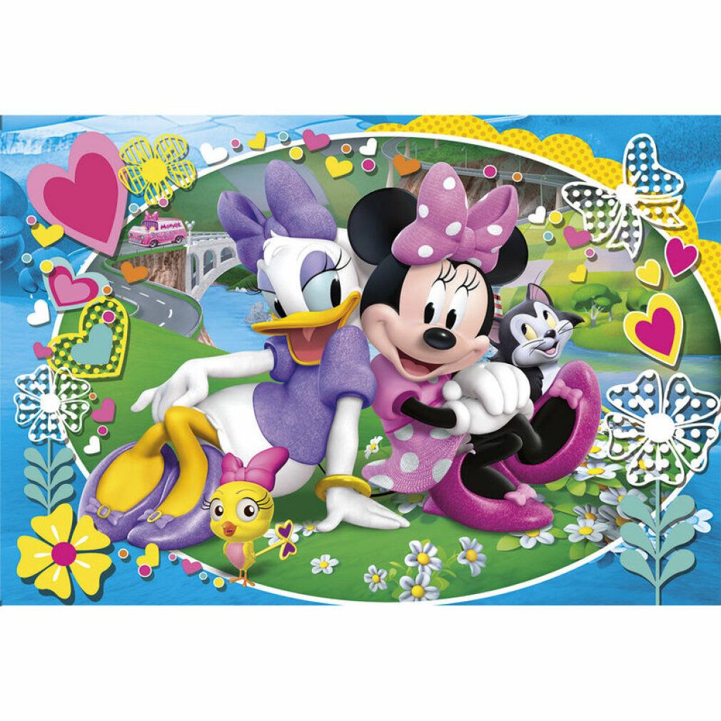 Motivo puzzle con Minnie, Daisy e gatto. Su sfondo blu, circondato da fiori e cuori. 104 pezzi.