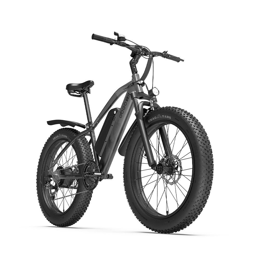 E-bike nera con pneumatici larghi, batteria e faro. Logo GOGOBEST visibile.