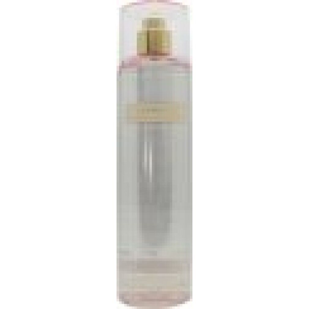 Spray corpo. Flacone cilindrico con dettagli rosa e tappo trasparente. Erogatore dorato. Scritta "LOVELY".