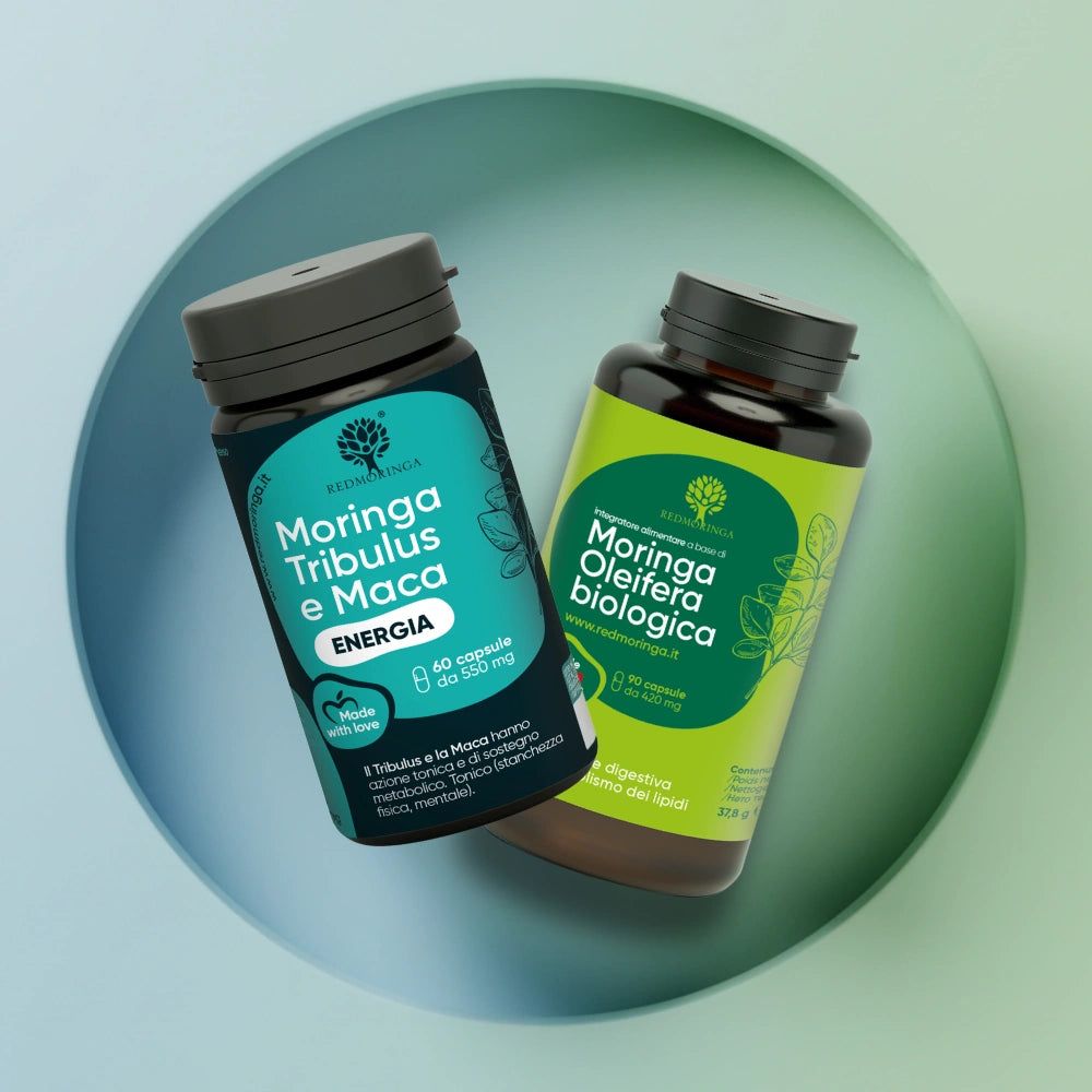 Due flaconi di capsule in una ciotola. Scritte: Moringa Tribulus e Maca e Moringa Oleifera biologica.