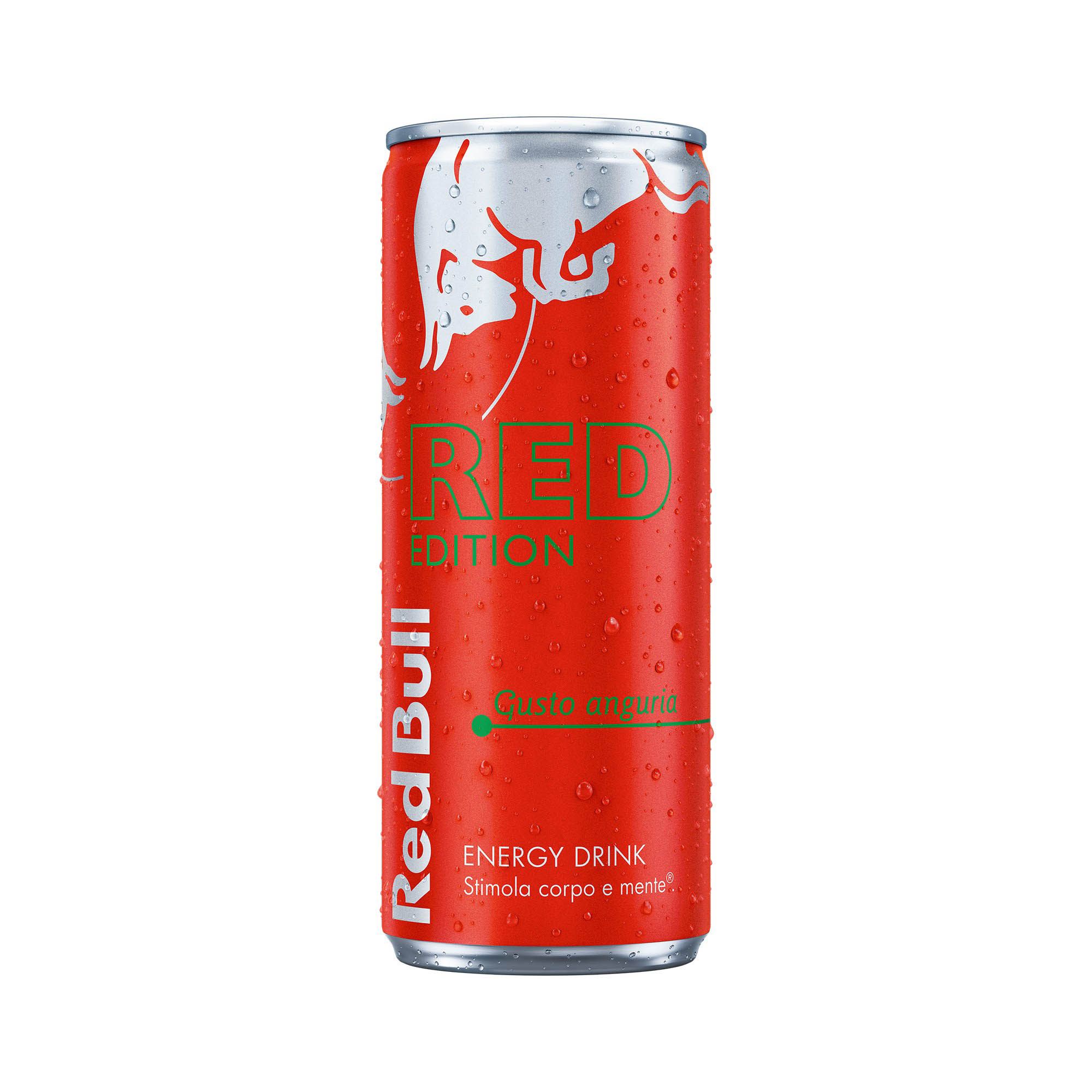 Red Bull Energy Drink, Gusto Anguria, lattina da 250 ml con gocce d'acqua.