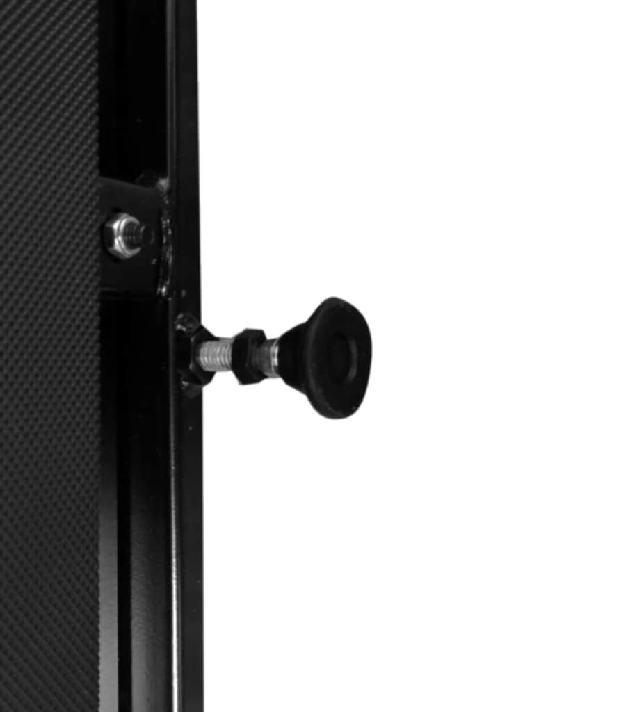 Dettaglio: vite con tampone in gomma nera. Fissaggio su un telaio nero.