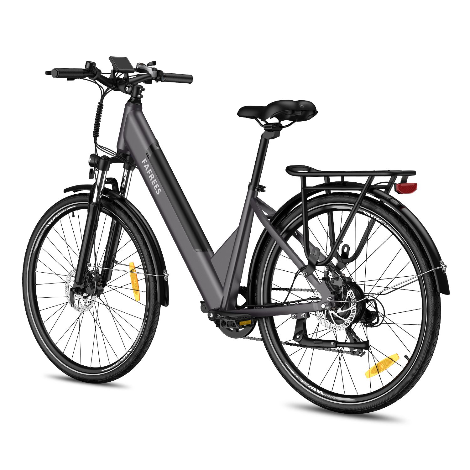 E-bike grigia FAFREES con portapacchi e parafanghi. Pneumatici neri con dettagli gialli.