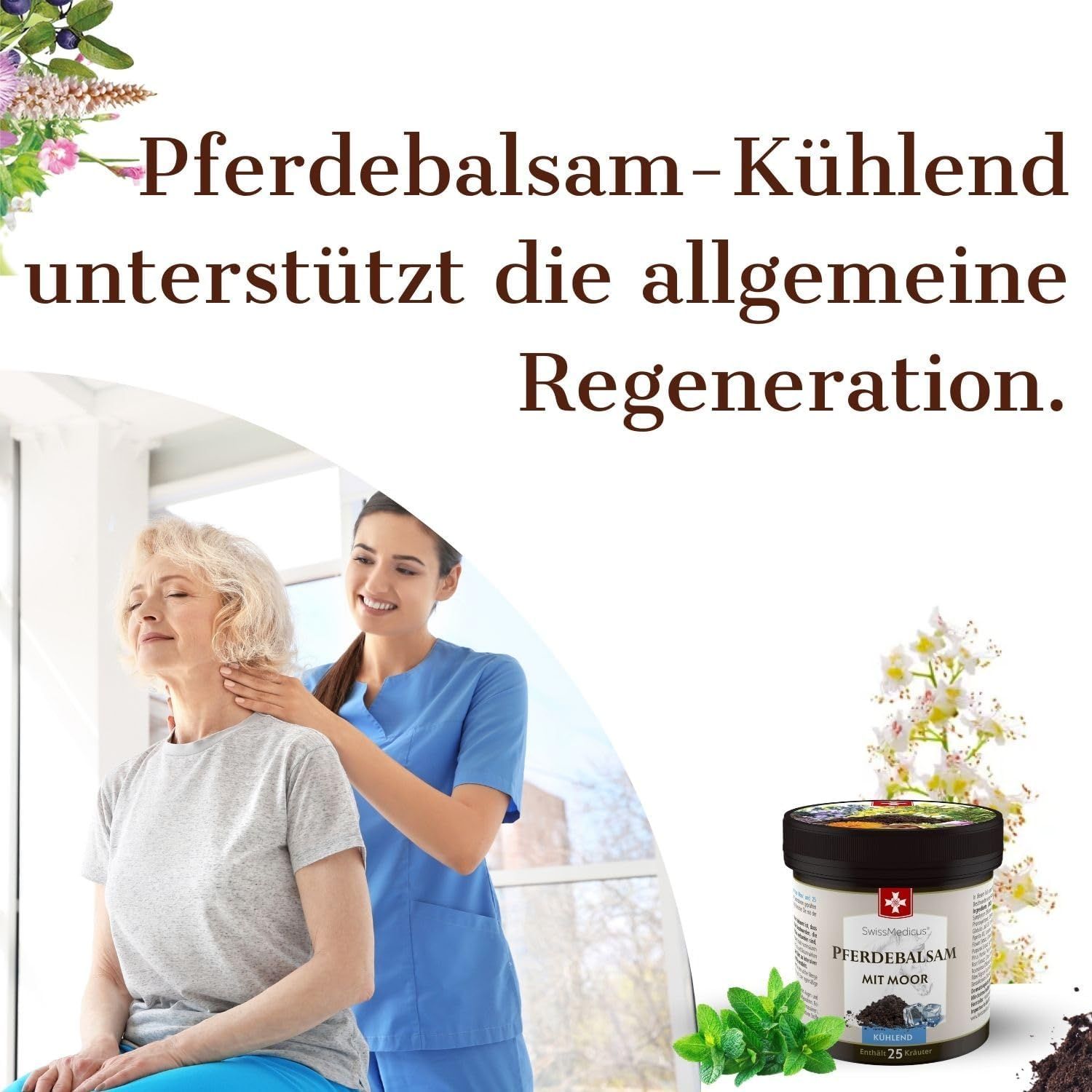 Barattolo del prodotto, accanto donna riceve un massaggio al collo. Testo: Pferdebalsam-Kühlend supporta la rigenerazione generale.