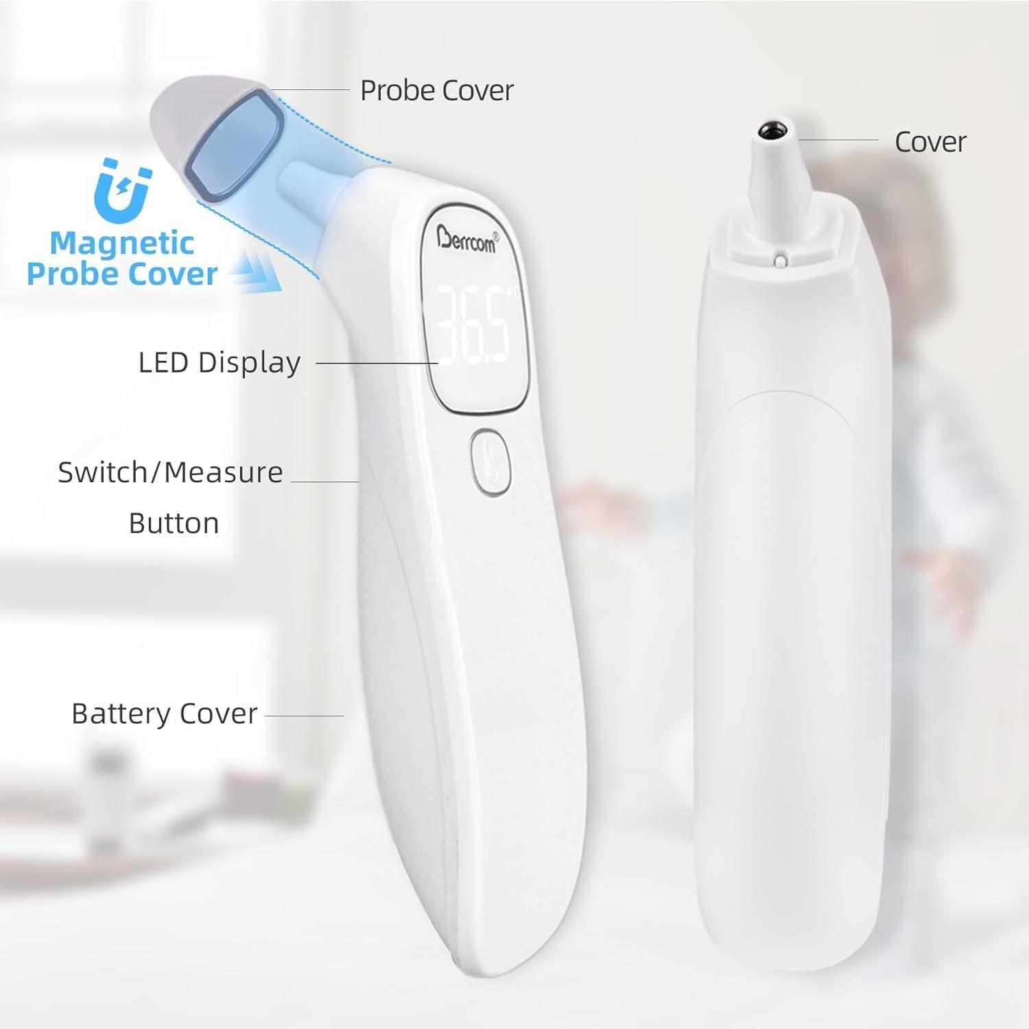 Termometro bianco con display. Etichette: coperchio sonda, display LED, pulsante, coperchio batteria. Marca: Berrcom.