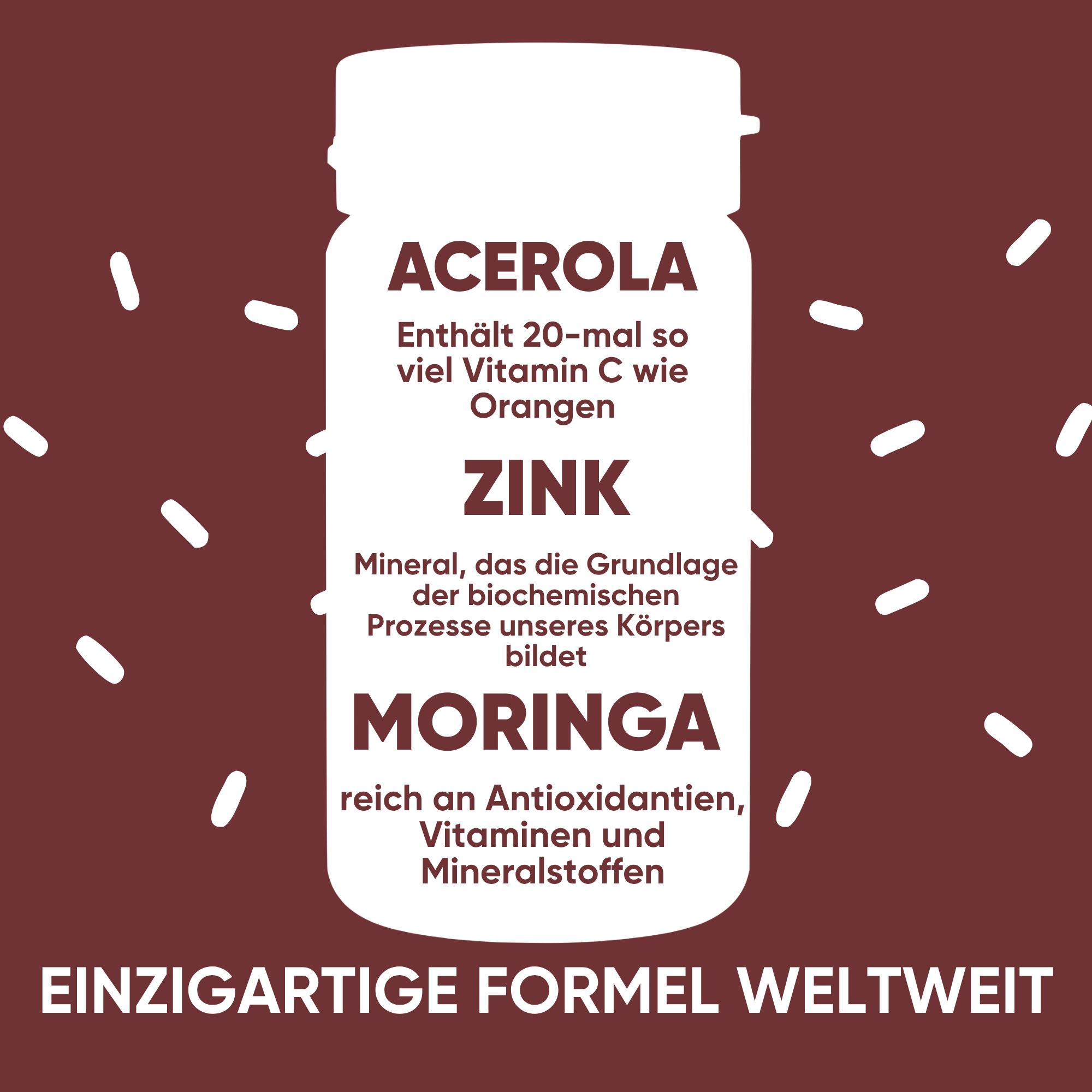 Flacone con acerola, zinco e moringa. Contiene 20 volte più vitamina C delle arance.