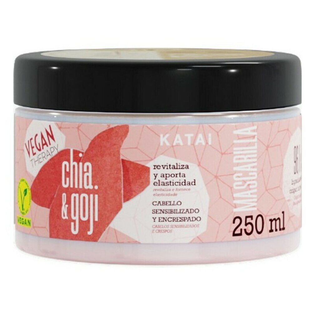 Barattolo rotondo con coperchio nero. Scritte: Chia & Goji, Vegan Therapy, Katai, Mascarilla, 250 ml. Etichetta rosa.