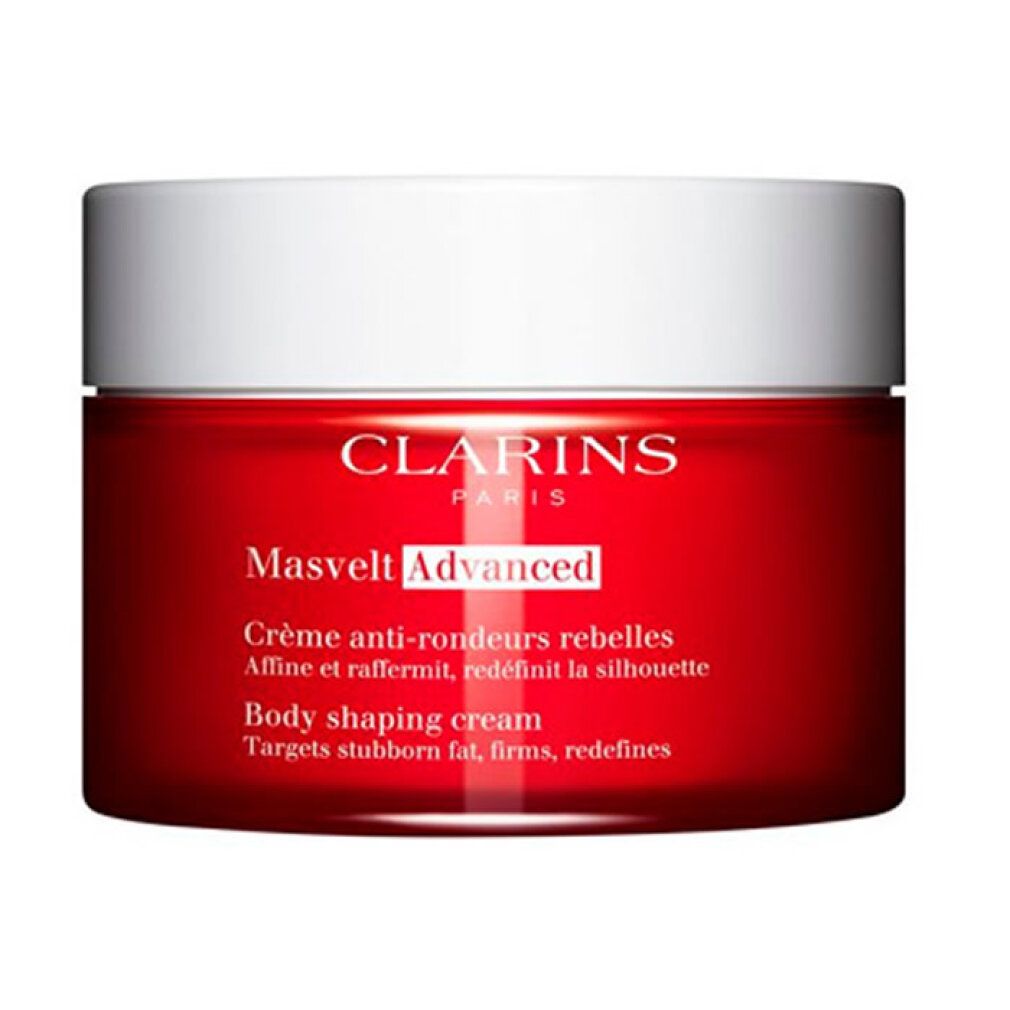 Vaso rosso con coperchio bianco. Scritta: Clarins Paris, Masvelt Advanced, Body shaping cream. Testo in francese.
