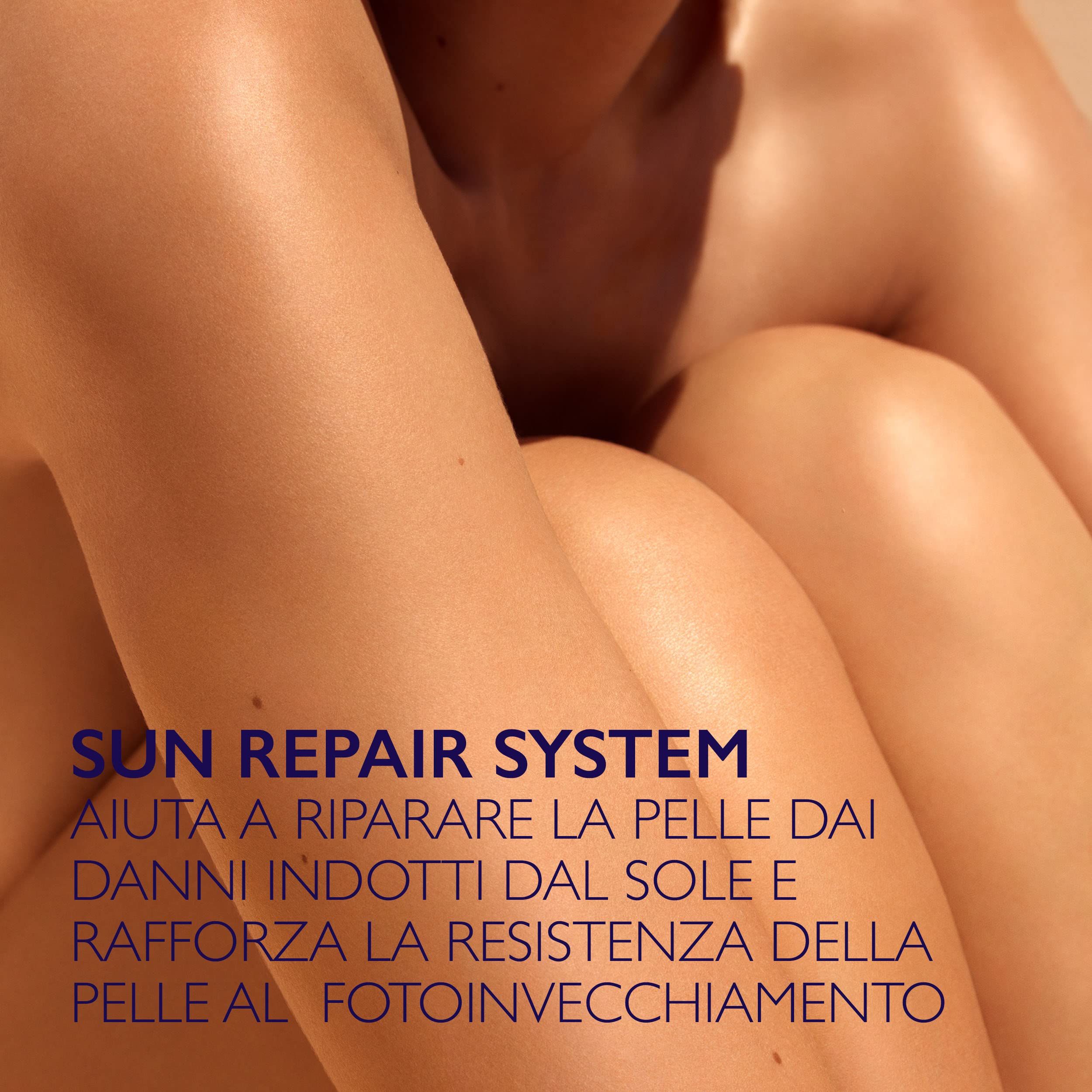 Primo piano di gambe e cosce. Testo: SUN REPAIR SYSTEM. Aiuta a riparare la pelle dai danni del sole.