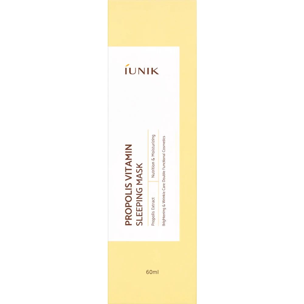 Primo piano verticale di un tubo giallo. Scritta: IUNIK, PROPOLIS VITAMIN SLEEPING MASK. Area testo con informazioni. Volume: 60ml.