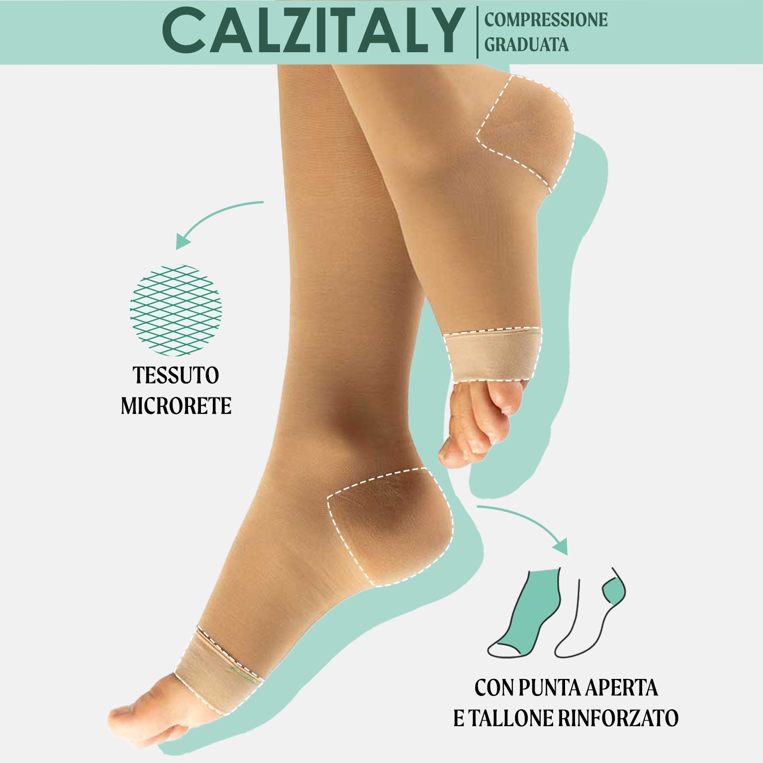 Calze a compressione color carne a punta aperta e tallone rinforzato. Tessuto microrete.