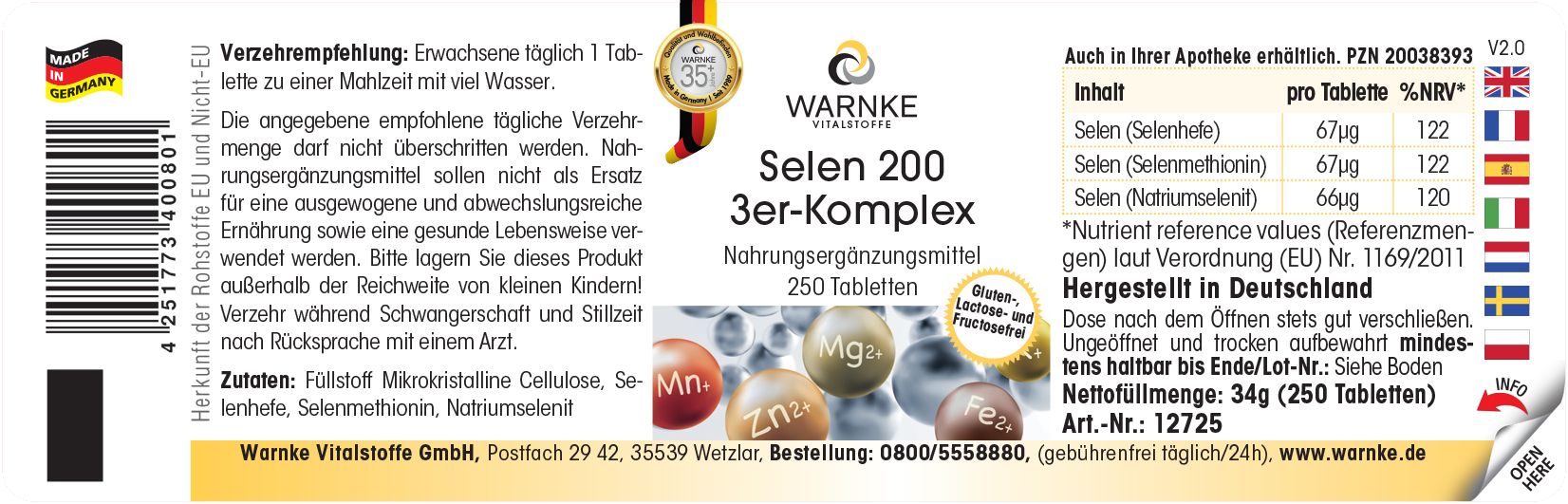 Etichetta con informazioni sul prodotto. Scritta: Warnke Vitalstoffe Selen 200 3er-Komplex. 250 compresse. Prodotto in Germania.
