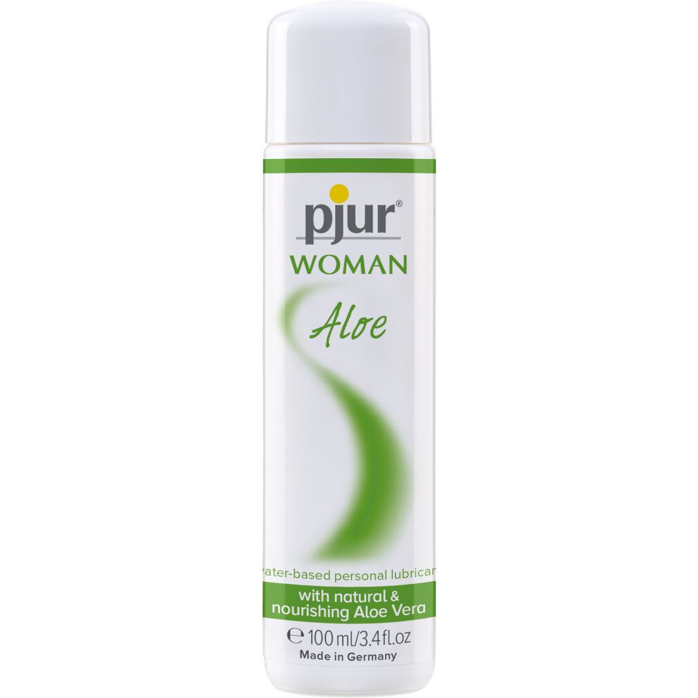 Flacone bianco con etichetta gialla. Scritta: pjur WOMAN Aloe. Lubrificante a base d'acqua con aloe vera. 100 ml/3.4 fl oz.