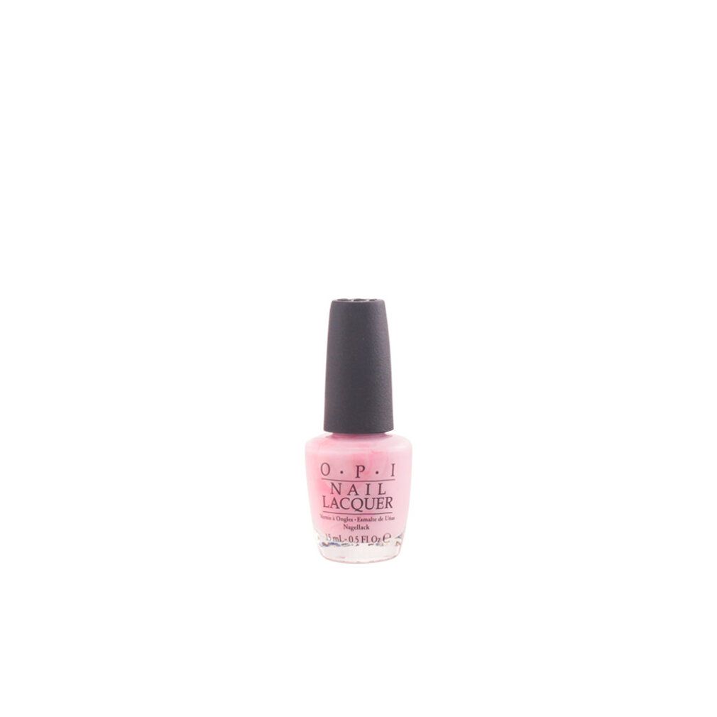 Smalto per unghie rosa OPI. Flacone in vetro con tappo nero. Scritta: OPI NAIL LACQUER. 15ml/0.5 fl oz.