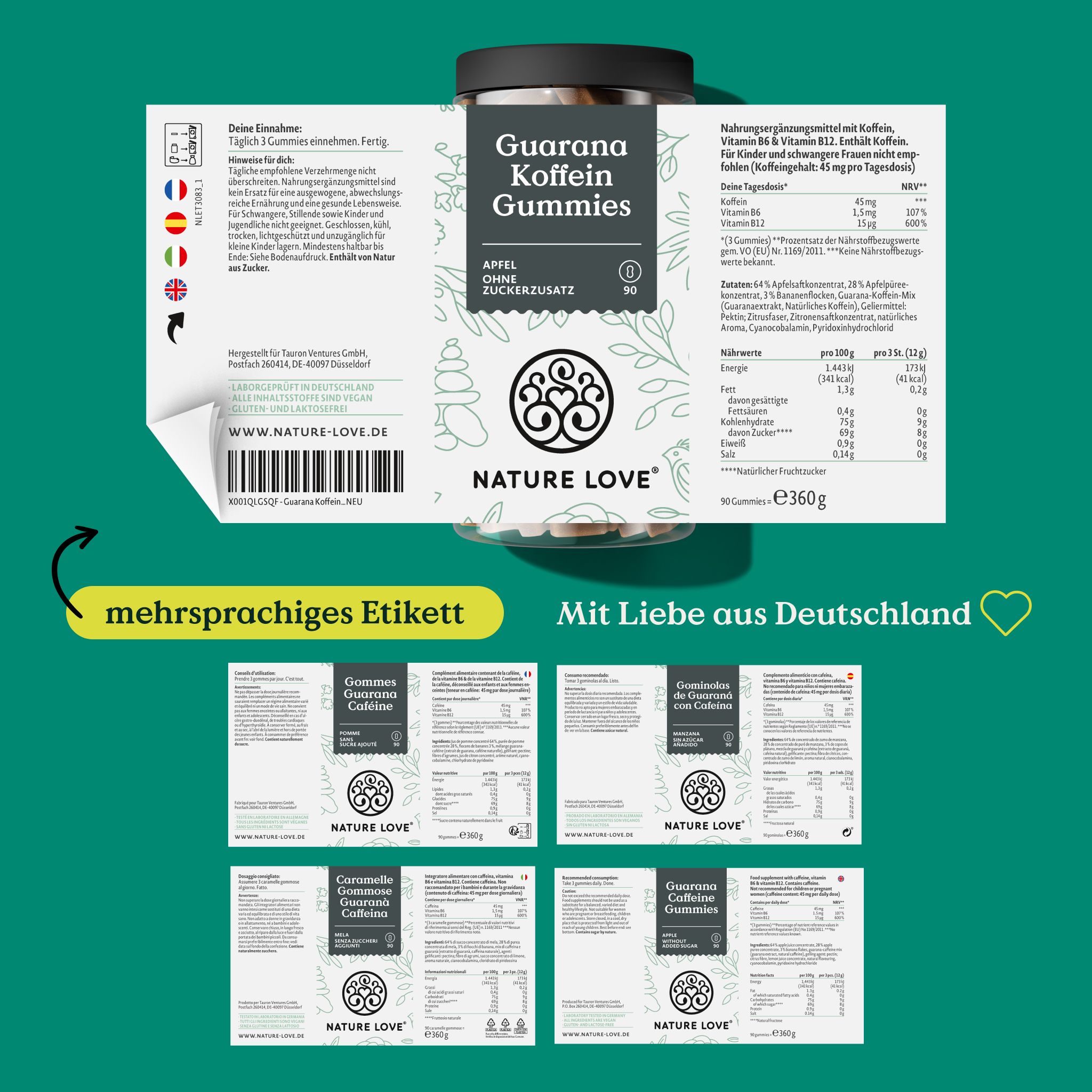 Etichetta del prodotto con informazioni. Etichetta multilingue. Quattro etichette con "Guarana Koffein Gummies" e logo. "Mit Liebe aus Deutschland".