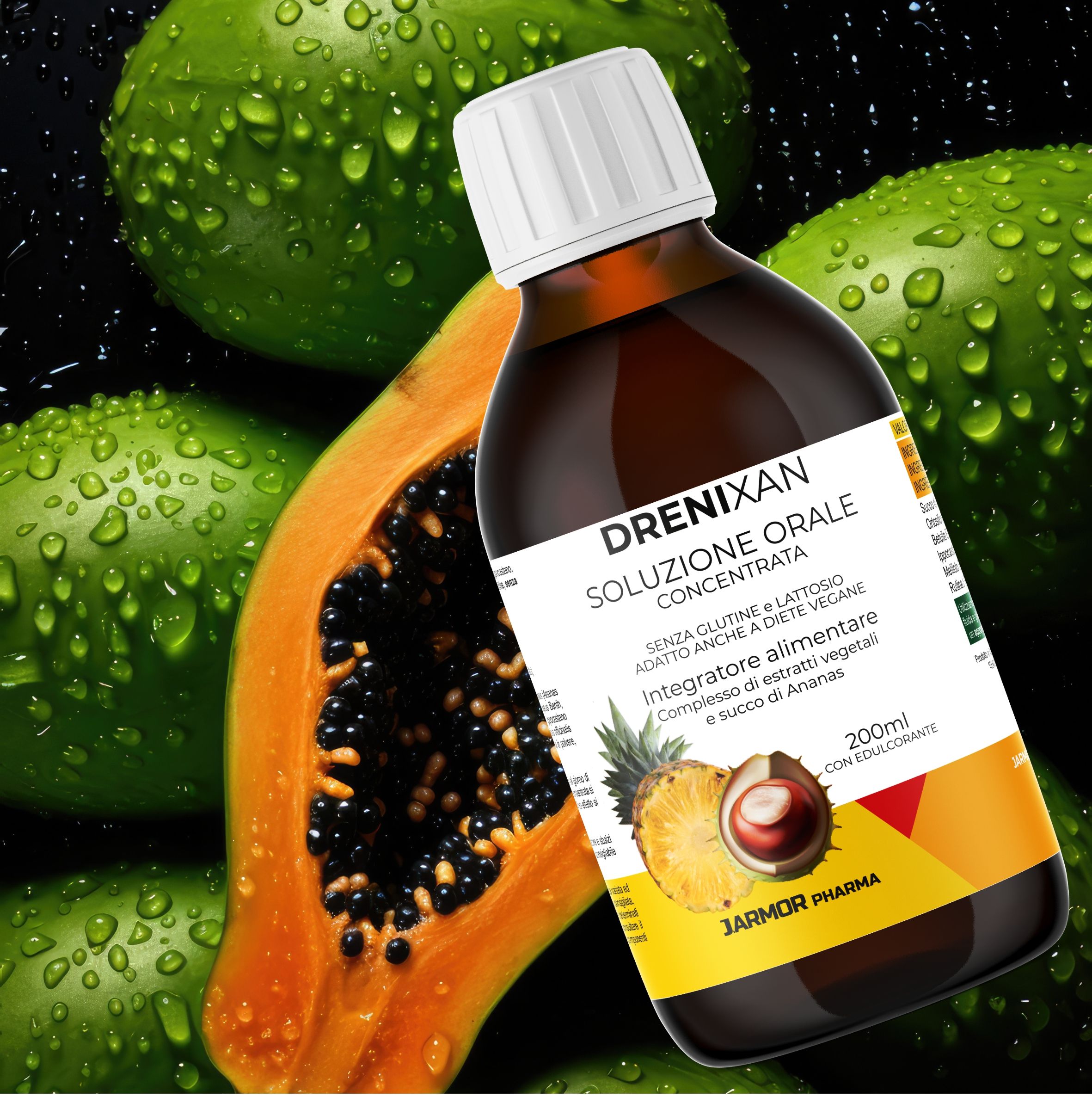 Flacone marrone con tappo bianco. Etichetta con nome del prodotto e informazioni. Sfondo: papaya e frutta verde.