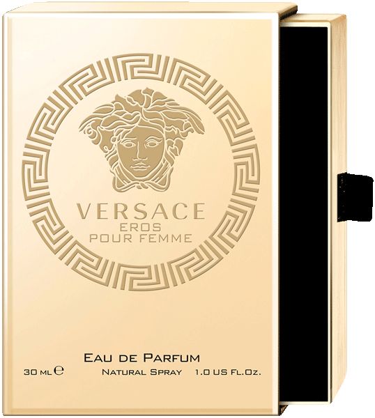 Confezione dorata con motivo flacone e scritta: Versace Eros Pour Femme Eau de Parfum. 30 ml.