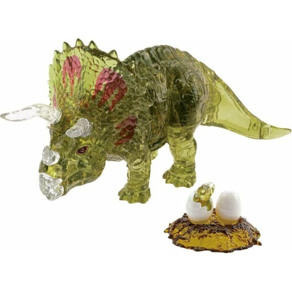 Puzzle di cristallo Triceratopo con bambino. Dinosauro verde trasparente, due uova in un nido. 61 pezzi.
