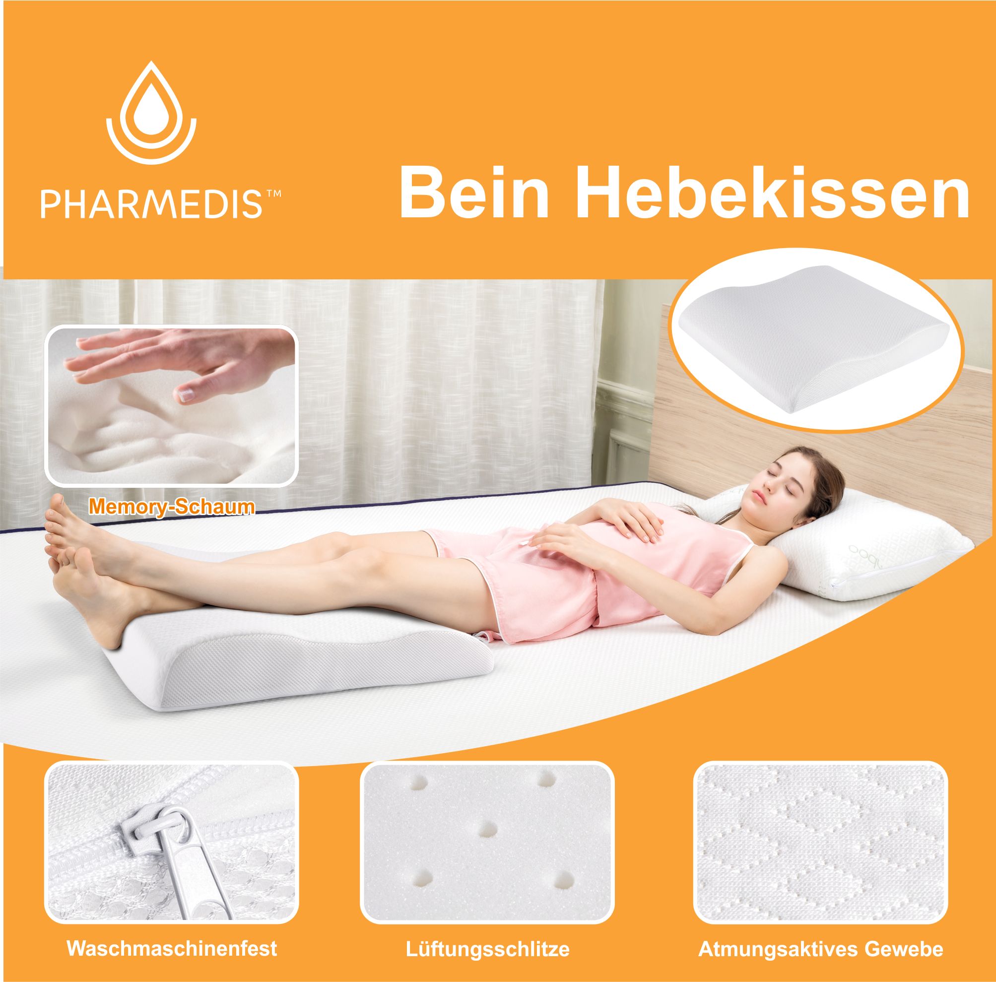 Immagine promozionale con un cuscino per sollevare le gambe e una donna che lo usa. L'immagine mostra anche dettagli.