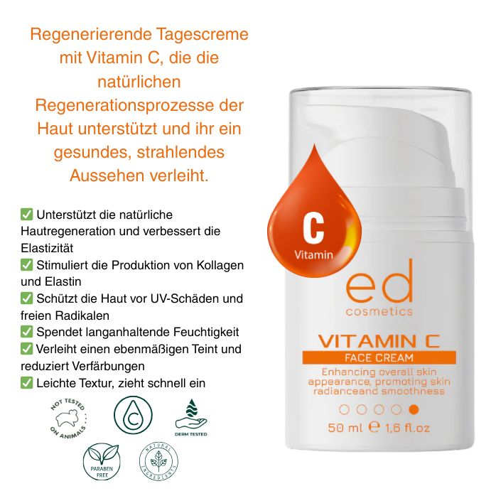 Flacone bianco con etichetta arancione. Testo: Vitamin C Face Cream, ed cosmetics. Testo e loghi aggiuntivi.