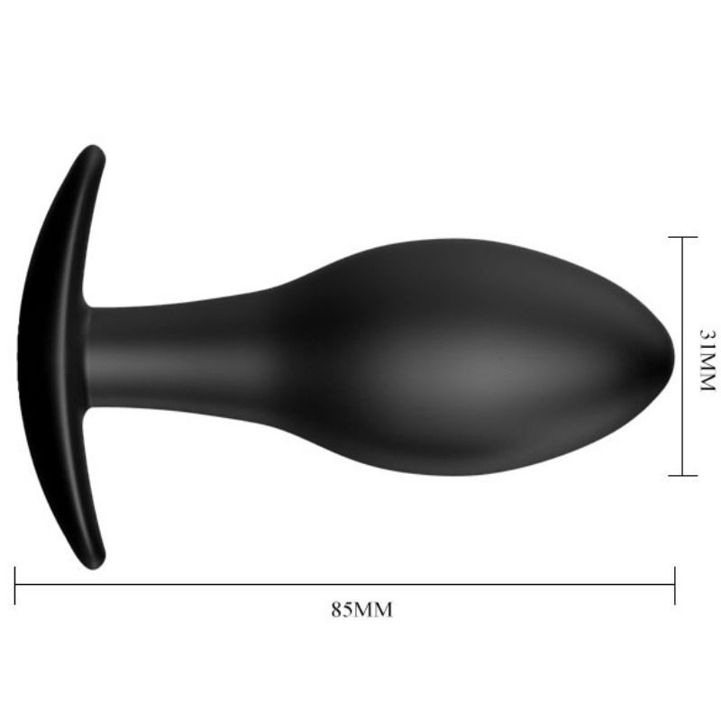 Plug anale in silicone nero, dimensioni 85mm x 31mm.