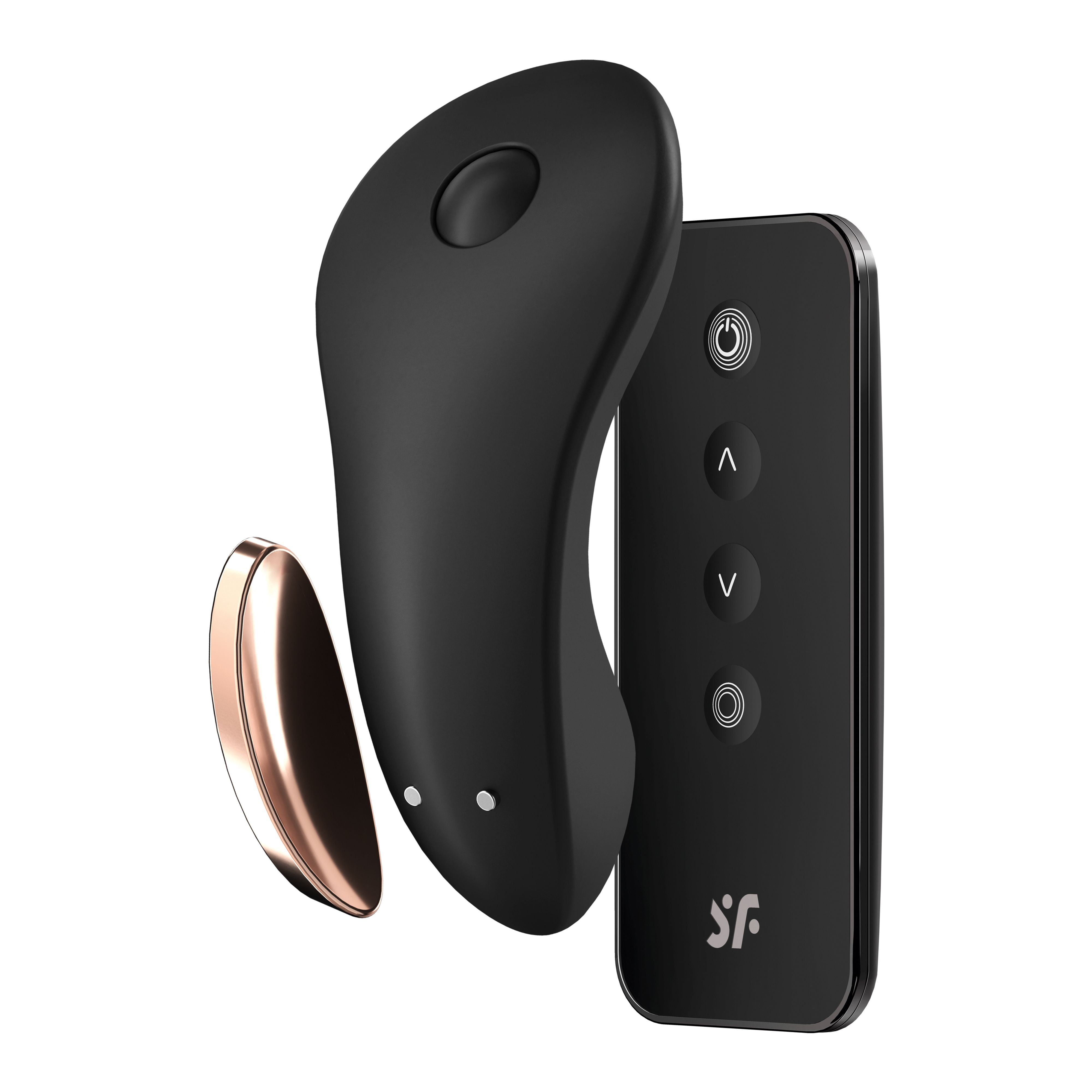 Dispositivo nero ergonomico con elemento oro rosa e telecomando. Telecomando con pulsanti.