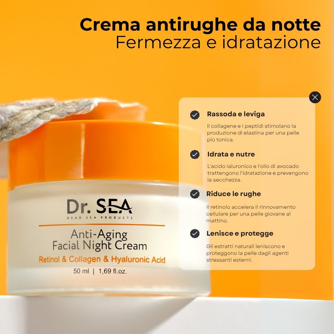 Prodotto con testo. Crema notte anti-età. Retinolo & Collagene & Acido Ialuronico. 50 ml. Vasetto di crema.