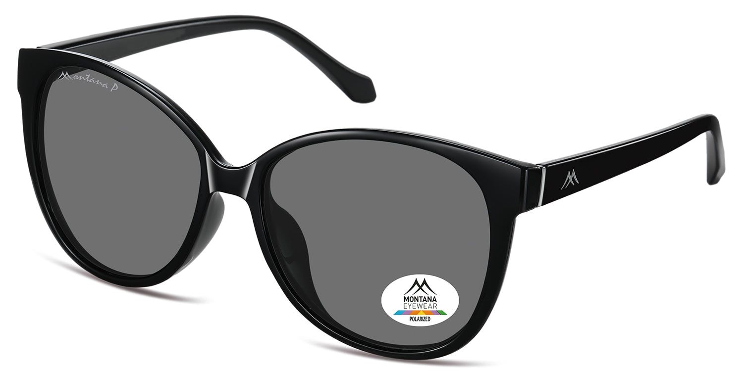 Occhiali da sole neri con lenti grigie. Logo Montana Eyewear ed etichetta Polarized. Forma a occhi di gatto.