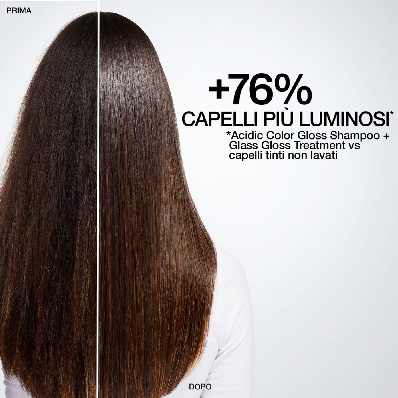 Confronto capelli prima e dopo l'uso. Testo: '+76% Capelli più luminosi'.