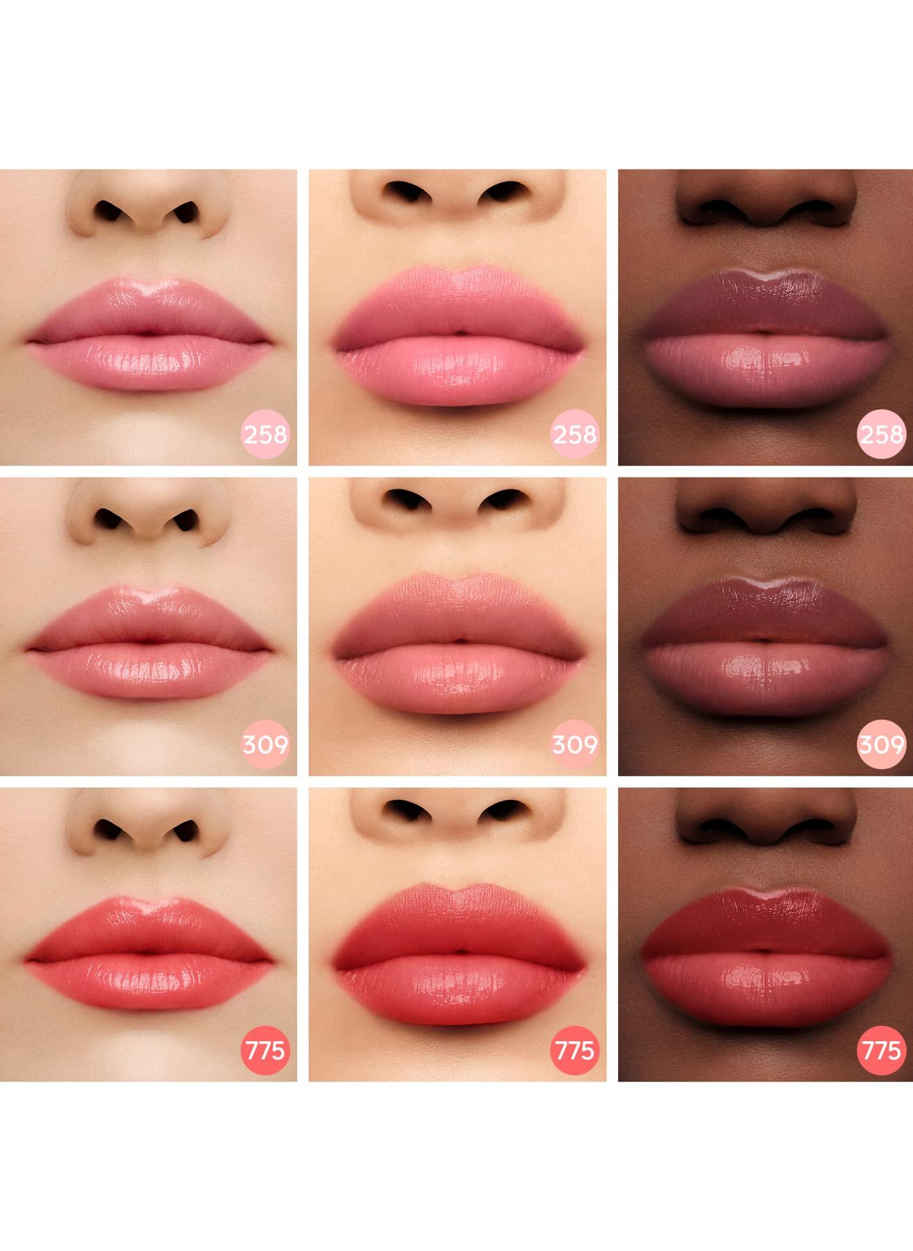 Tre file di labbra che mostrano diversi colori di balsamo labbra. I colori sono Rose Glow, Honey Glow e Poppy Glow.