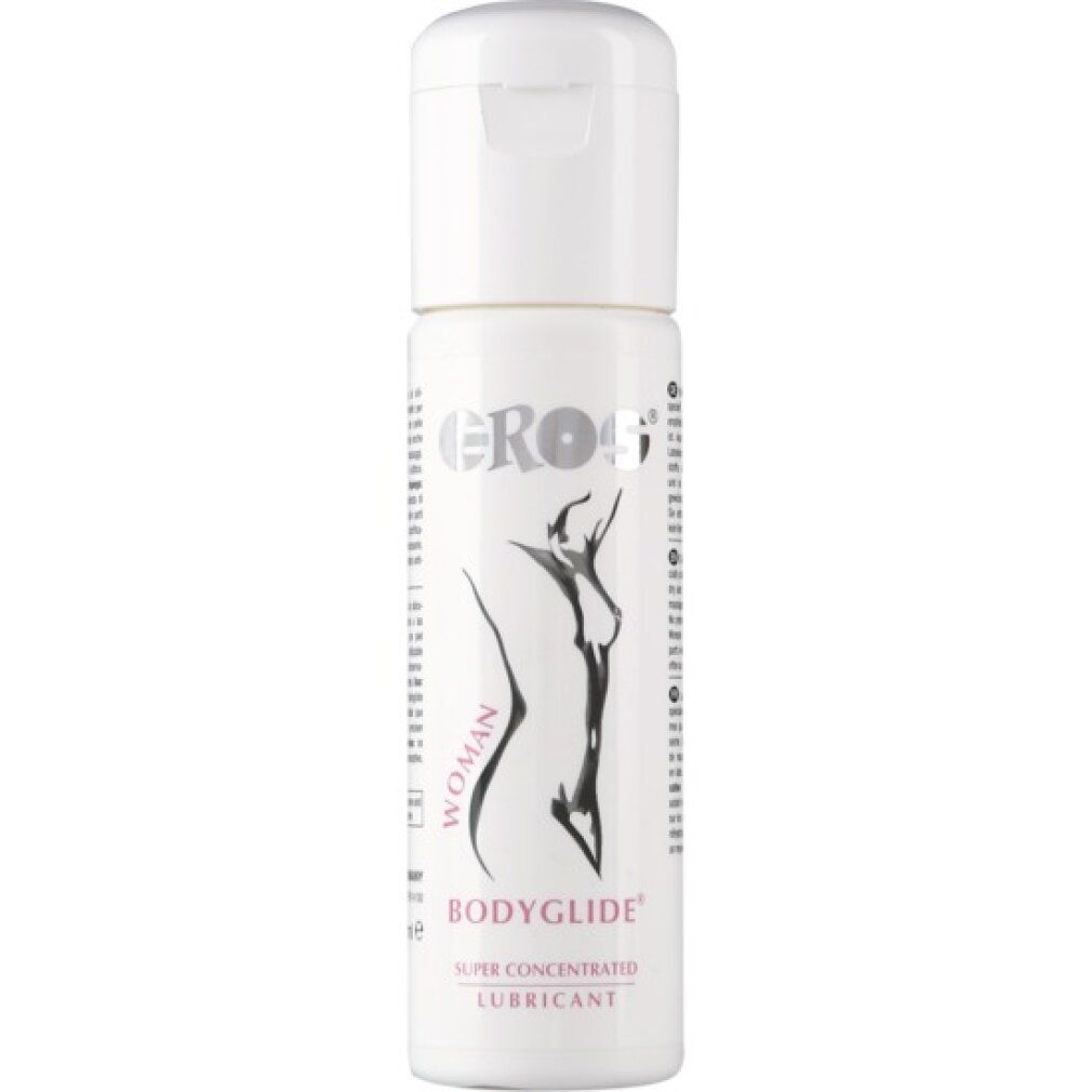 Flacone bianco con tappo a ribalta. Scritta EROS, BODYGLIDE Woman, illustrazione di una donna. Super Concentrated Lubricant.