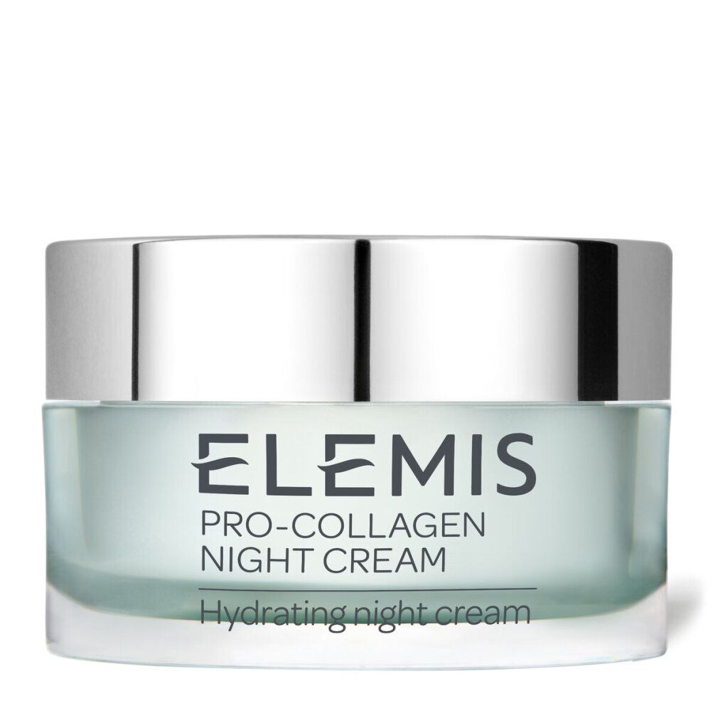 Vasetto di vetro con coperchio argentato. Scritta: Elemis Pro-Collagen Night Cream. Sottotitolo: Hydrating night cream.