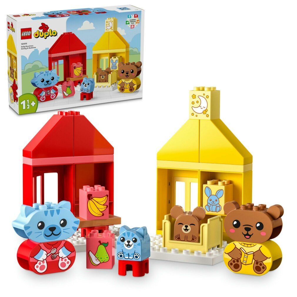 Set LEGO DUPLO con edifici rossi e gialli, personaggi e accessori. Prodotto e confezione affiancati.