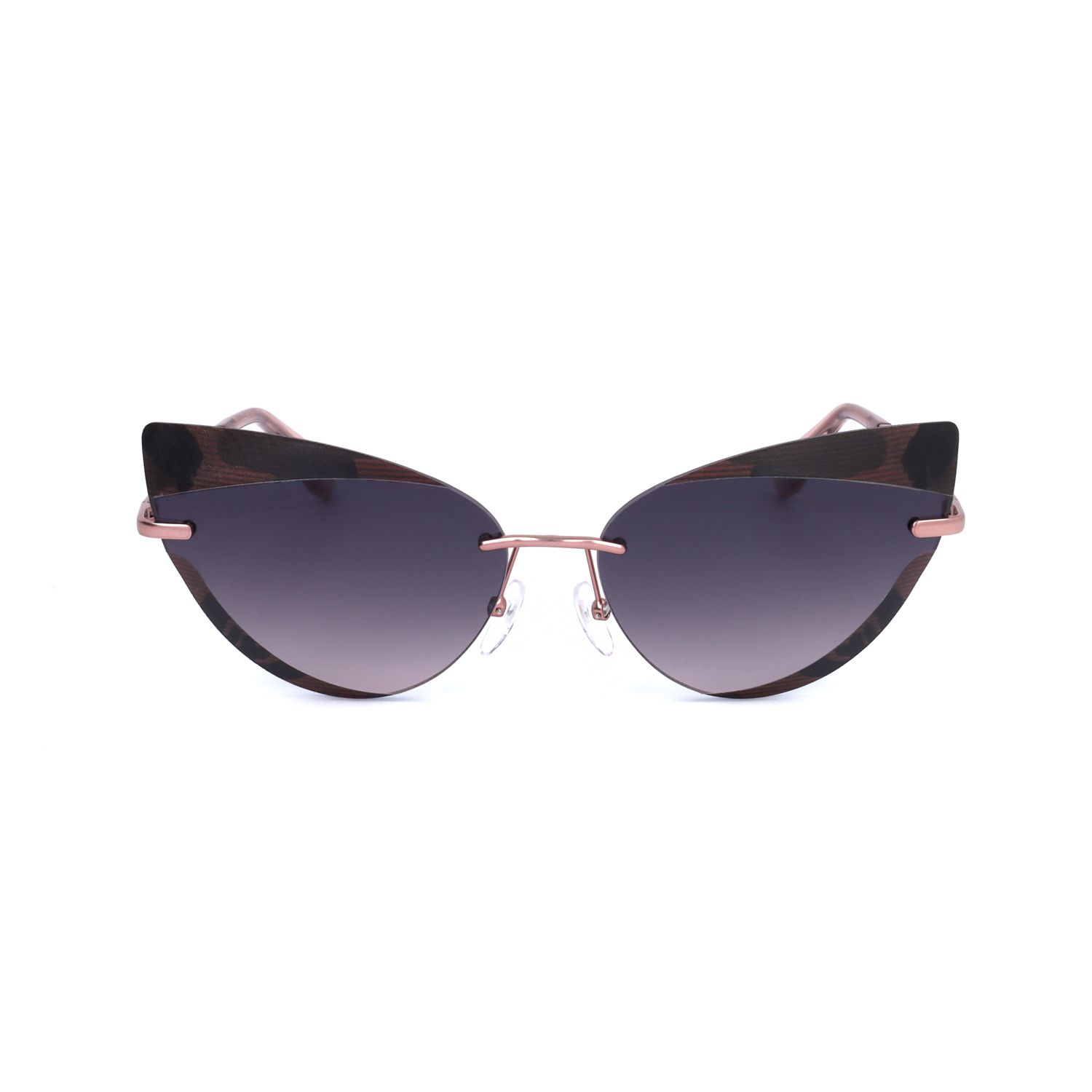 Occhiali da sole cat-eye senza montatura con motivo mimetico e montatura color oro rosa.