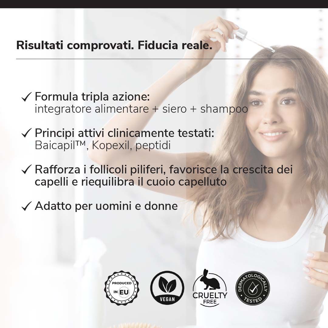Donna con applicatore di siero. Testo: formula, ingredienti, per uomini e donne. Loghi: Vegan, Cruelty Free, EU.