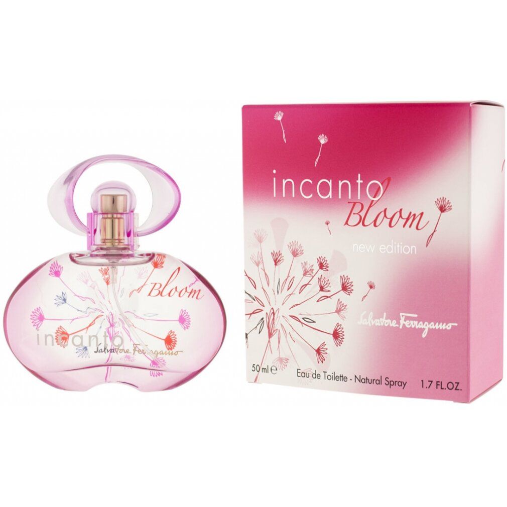 Flacone rosa con decorazioni floreali e confezione. Scritta: Incanto Bloom, Salvatore Ferragamo. New Edition.