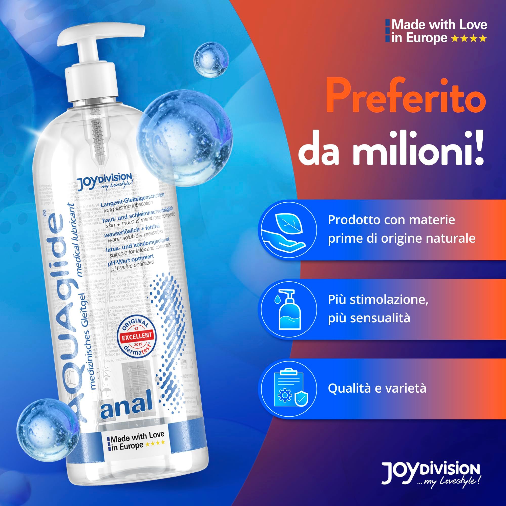 Gel lubrificante anale AQUAglilde con dispenser a pompa, con testi e icone italiane.