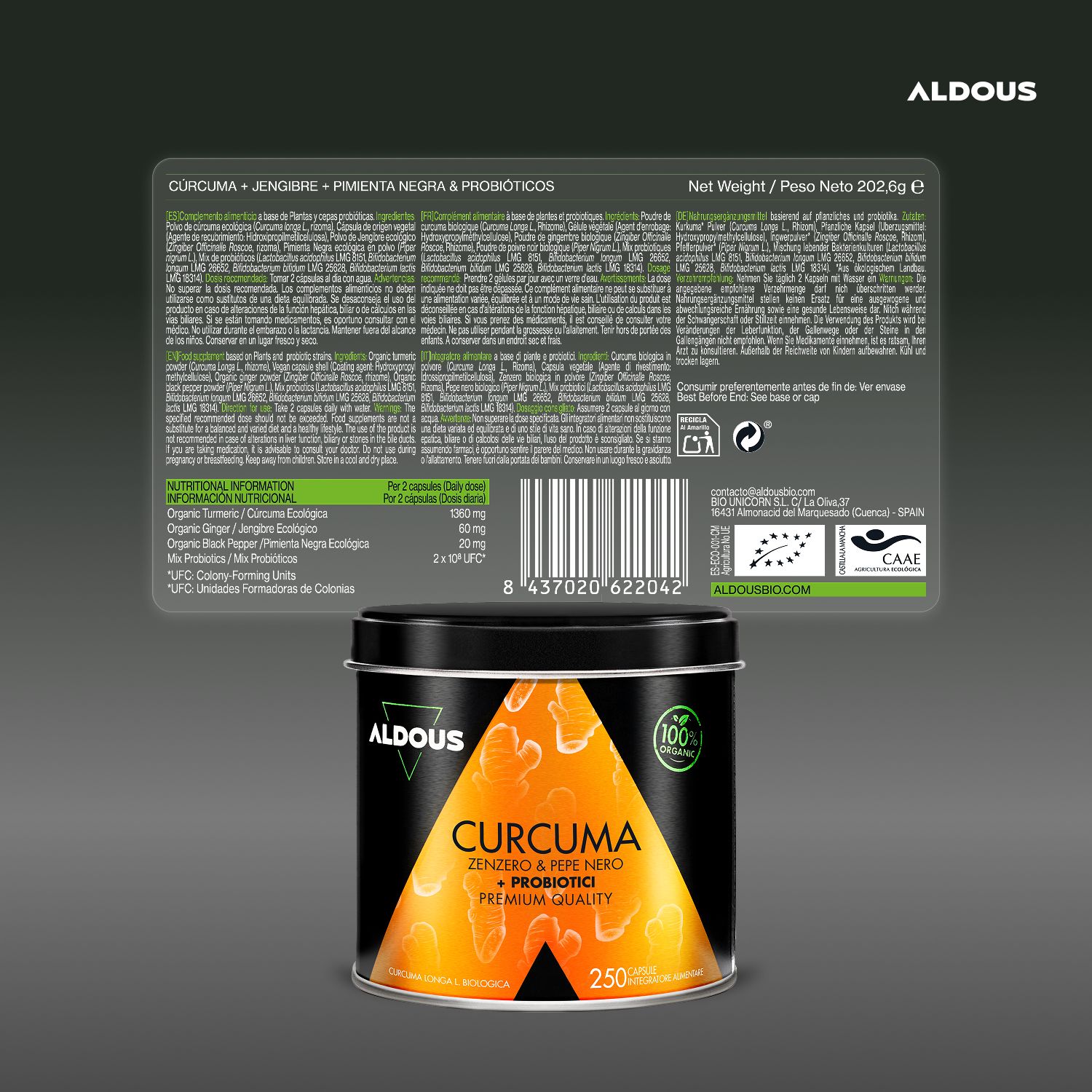 Barattolo Aldous Curcuma: Fronte con motivo curcuma e sigillo bio.