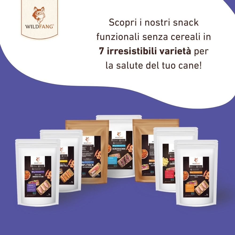 Vari snack Wildfang per cani in buste.