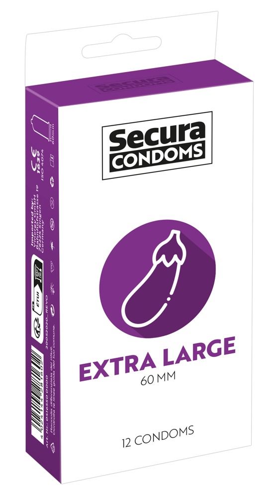 Confezione Secura Condom Extra Large, 12 pezzi, larghezza 60 mm, con simboli sigilli.