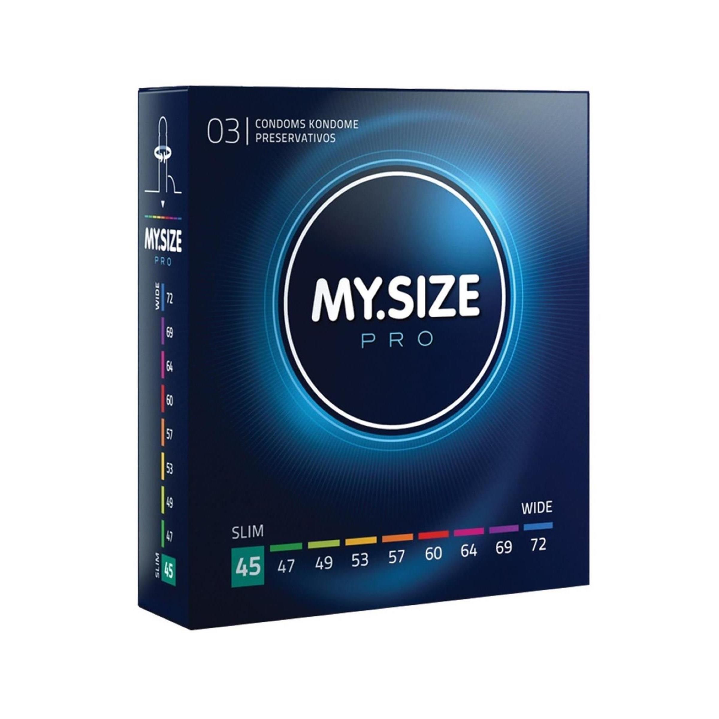 Confezione di preservativi MY.SIZE PRO, taglia 45mm. Gamma taglie da 45 a 72mm. Scritte multilingue.