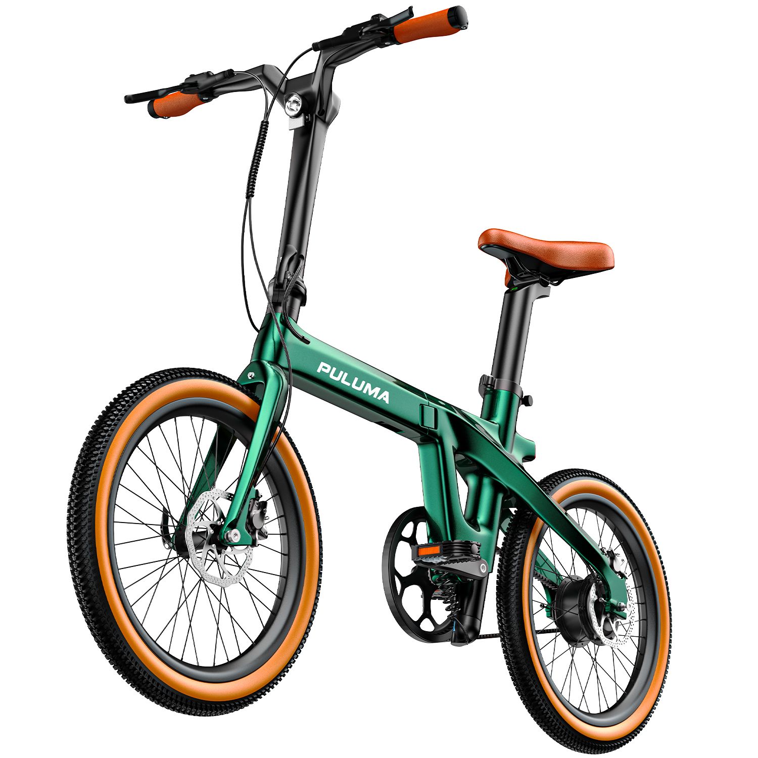 Bicicletta pieghevole verde, sella marrone. Marchio PULUMA.