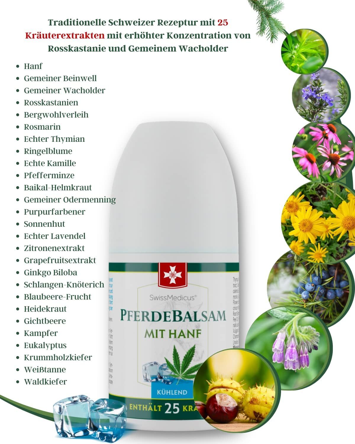 Roll-on con testo: SwissMedicus, Pferdebalsam mit Hanf, rinfrescante, contiene 25 erbe. Illustrazioni di erbe circondano il roll-on.