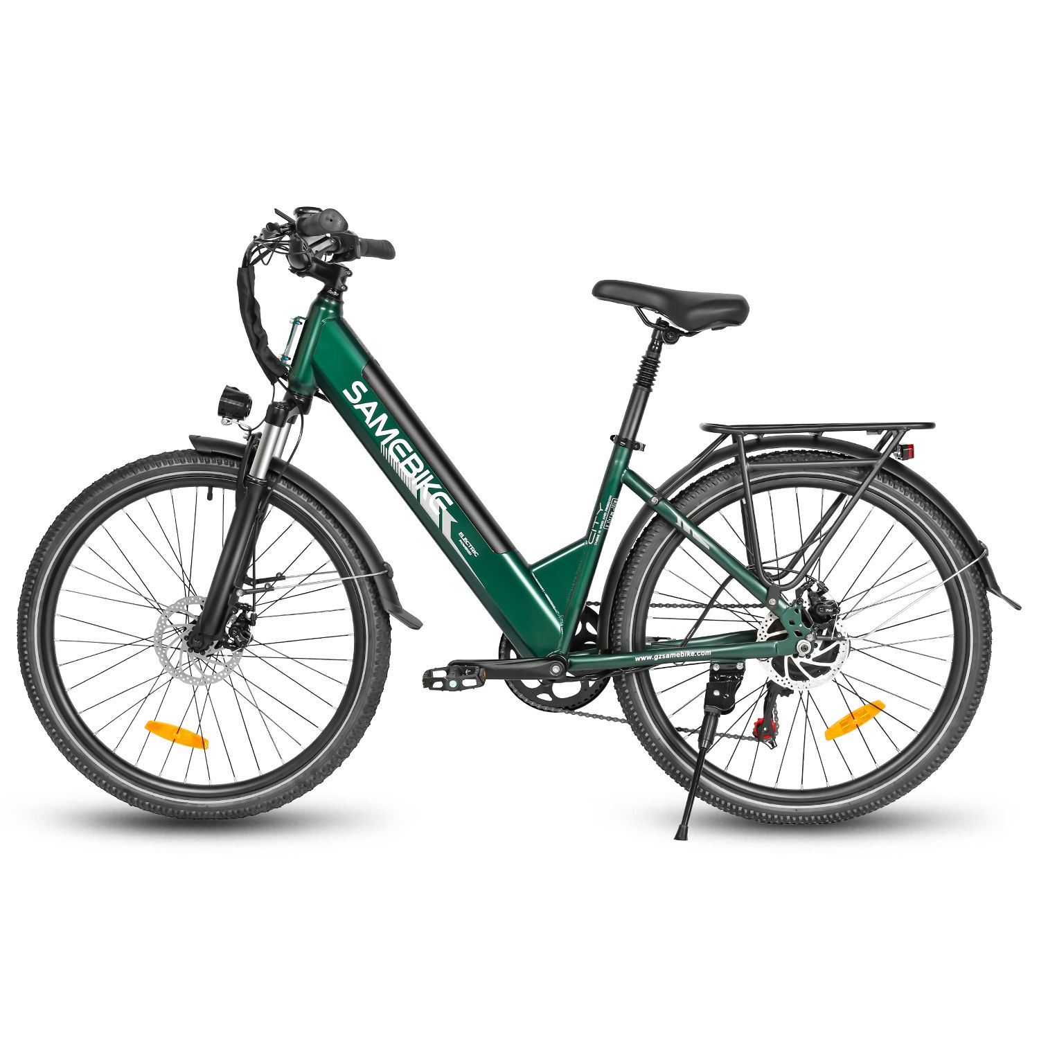E-bike verde. Marchio SAMEBIKE. Pneumatici neri, portapacchi, faro. Batteria 36V 15Ah.