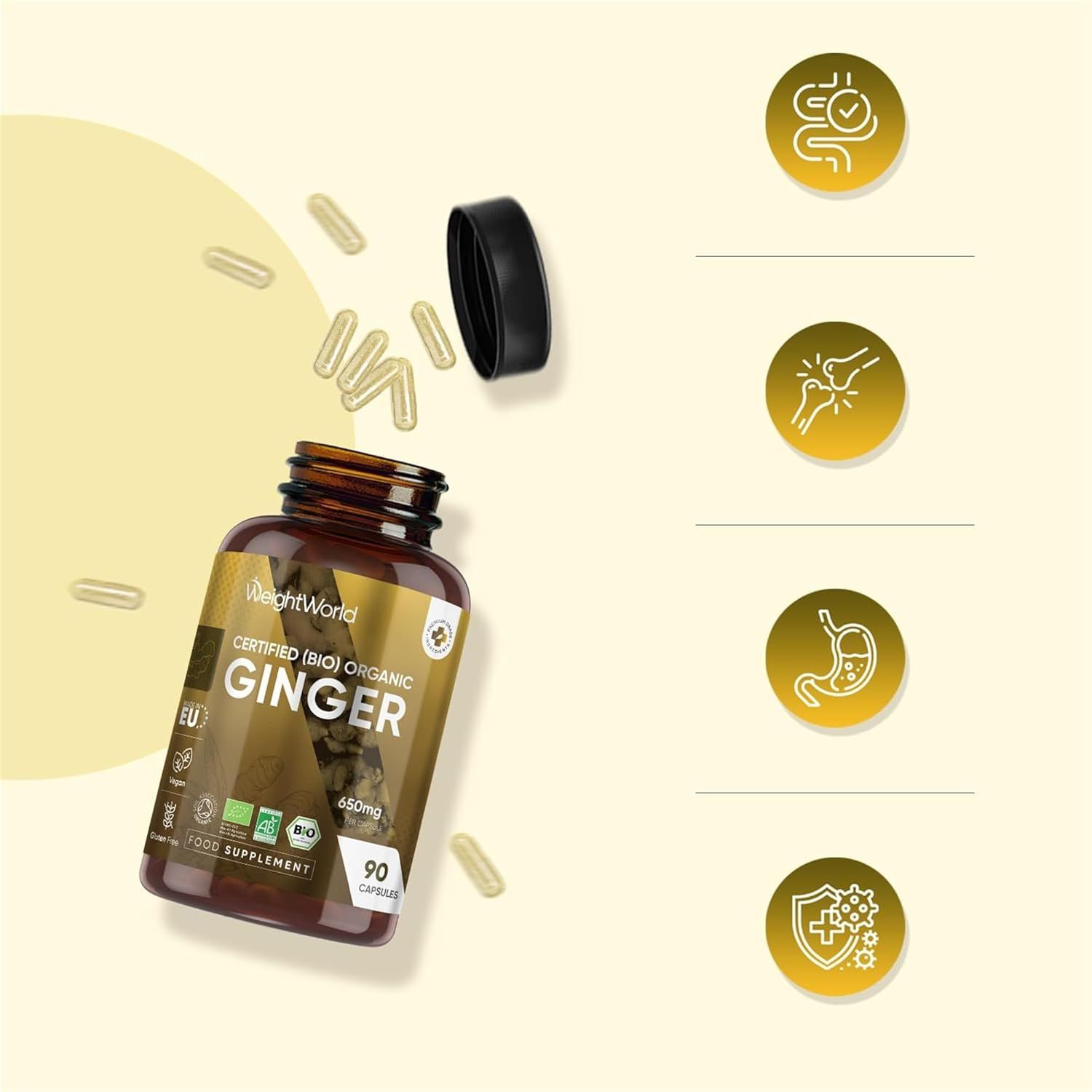 Flacone marrone di capsule di zenzero. Capsule accanto. Simboli: digestione, articolazioni, sistema immunitario, benessere.