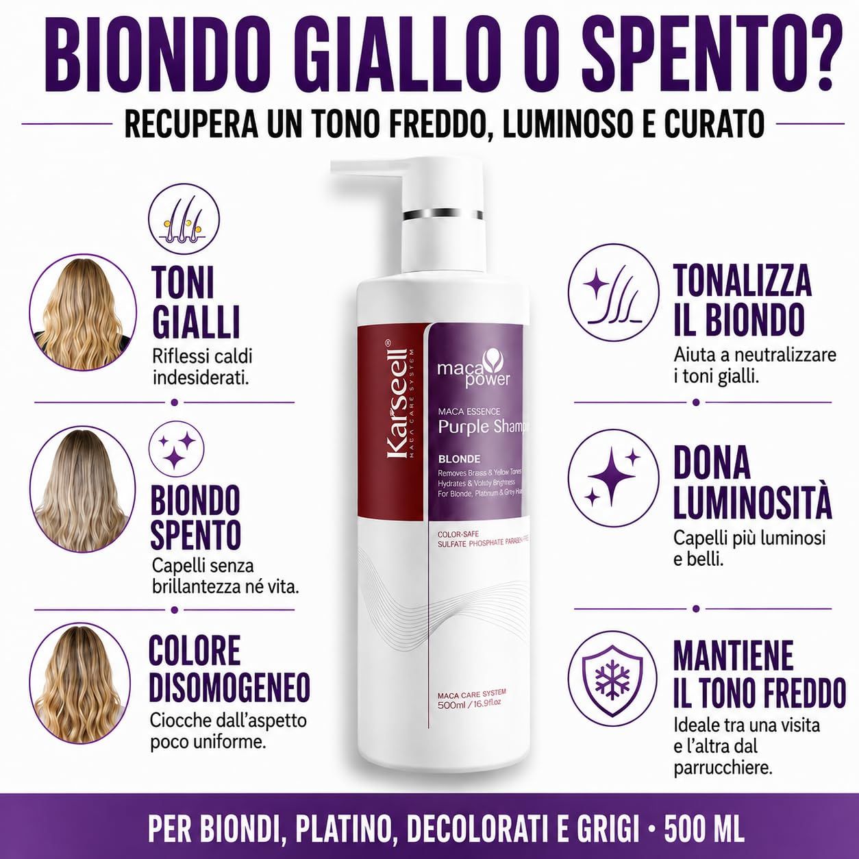 KARSEELL Shampoo Viola Antigiallo Professionale Capelli Biondi Platino Grigi Decolorati