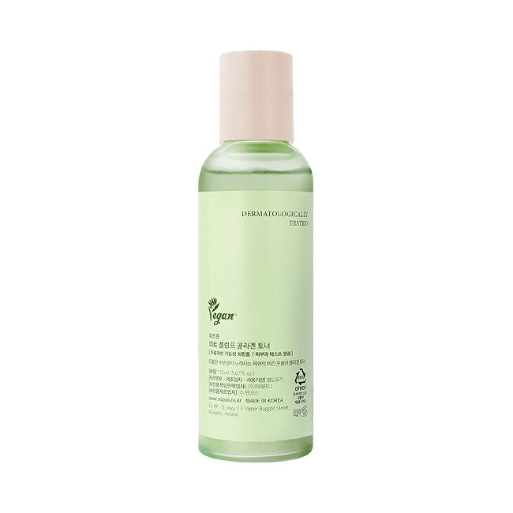 Flacone verde con tappo rosa. Scritta: Phyto Plump Collagen Toner. Testo sul retro.
